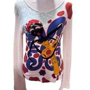 Custo Barcelona Graphic Print Mesh Sleeve Top Women's Size L Made in Italy